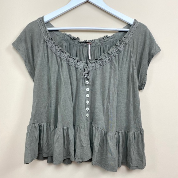 Free People Olive Green Ruffle Button Blouse XS - Picture 2 of 6